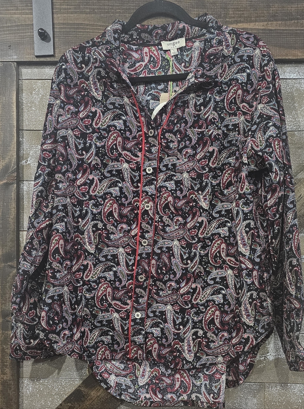 Umgee Black Paisley Long-Sleeve Button Shirt Jacket with Red Trim